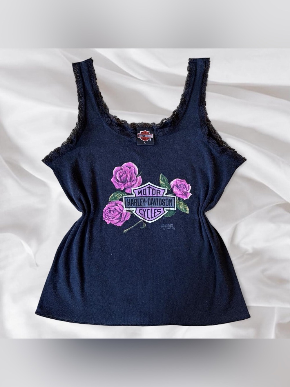 1991 Harley Davidson 3D Emblem Rose Lace Tank Top